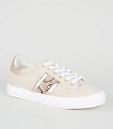 Cream Faux Snake Stripe Lace Up Trainers New Look