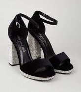 Black Velvet Diamanté Platform Heels New Look