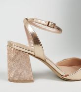 Rose Gold Leather-Look Diamanté Block Heels New Look