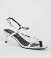 Silver Metallic Square Toe Kitten Heels New Look Vegan