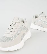 Silver Suedette Glitter Chunky Lace Up Trainers New Look Vegan