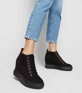 Black Suedette Lace Up Wedge Trainers New Look