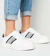 White Leather-Look Spot Stripe Lace Up Trainers New Look