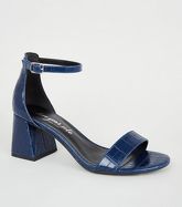 Navy Faux Croc Flared Block Heel Sandals New Look