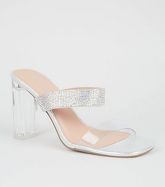 Silver Metallic Diamanté Clear Block Heels New Look