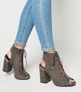 Grey Suedette Lace Up Peep Toe Heels New Look Vegan