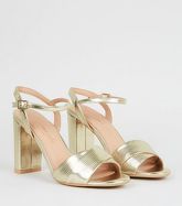 Gold Ribbed Strap 2 Part Block Heels New Look