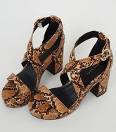 Brown Faux Snake Platform Block Heels New Look