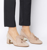 Office Move- Tassel Mid Block Shoe NUDE SUEDE W GOLD HEEL CLIP