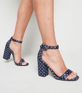 Navy Satin Spot 2 Part Block Heels New Look