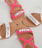 Bright Pink Leather Gem Strap Flat Sandals New Look