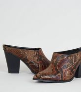 Brown Faux Snake Pointed Western Mules New Look