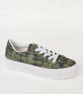 Green Camo Print Lace Up Flatform Trainers New Look