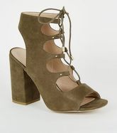 Khaki Suedette Lace Up Ghillie Block Heels New Look