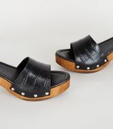 Black Premium Leather Chunky Wood Sandals New Look