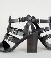 Black Leather-Look Caged Block Heels New Look