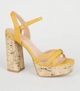 Wide Fit Mustard Woven Strap Cork Heels New Look