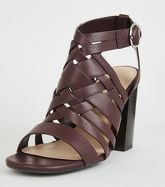 Burgundy Leather-Look Woven Block Heels New Look