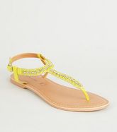 Yellow  Leather Strap Diamanté and Bead Sandals New Look