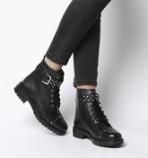 Office Alpaca- Stud Detail Lace Up Biker BLACK LEATHER SILVER STUDS