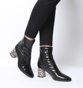 Office All Day- Back Zip Block Heel Boot BLACK LEATHER WITH SNAKE LEOPARD HEEL
