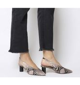 Office Mischief- Pointed Sling Back NATURAL SNAKE BLACK SPRAY HEEL