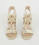 Gold Leather-Look Lace Up Ghillie Block Heels New Look