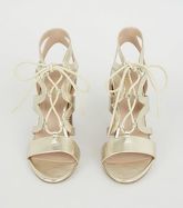 Gold Leather-Look Lace Up Ghillie Block Heels New Look