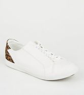 Wide Fit Stone Leopard Print Heel Trainers New Look