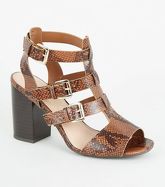 Brown Faux Snake Caged Block Heels New Look