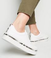 White Faux Snake Trim Lace Up Trainers New Look