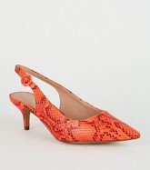 Wide Fit Orange Neon Faux Snake Slingback Heels New Look