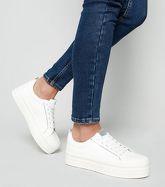 White Leather-Look Lace Up Flatform Trainers New Look