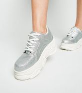 Silver Glitter Lace Up Chunky Flatform Trainers New Look
