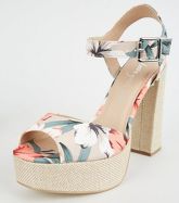 Stone Canvas Floral Woven Platform Block Heels New Look