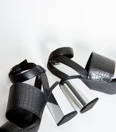 Black Faux Croc Metal Block Heel Sandals New Look Vegan
