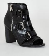 Black Faux Croc Peep Toe Block Heels New Look