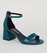 Teal Faux Croc Block Heel Sandals New Look Vegan