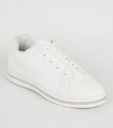 White Leather-Look Diamanté Trim Trainers New Look