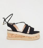 Black Leather-Look Ankle Tie Flatform Sandals New Look