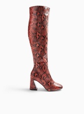 Womens Red Oval Snake Print Flared Heel Over The Knee Boots, RED