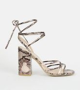 Stone Faux Snake Ankle Tie Strappy Heels New Look