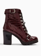 Womens Limited Edition Brody Burgundy Crocodile Design Faux Fur Trim Hiker Boots, BURGUNDY