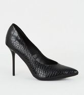 Black Faux Croc Stiletto Heel Courts New Look