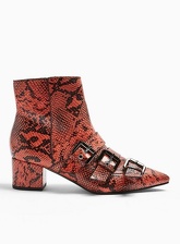 Womens Bowy Red Multi Buckle Snake Print Boots, RED