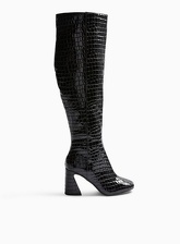Womens Black Oval Croc Flared Heel Over The Knee Boots, BLACK