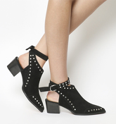 Office Ascend- Cut Out Ankle Strap Boot BLACK SUEDE SILVER STUDS