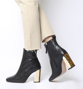 Office Aries- Block Heel Square Toe Boot BLACK LEATHER LEOPARD GOLD MIX HEEL