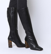 Office Khameleon- Block Heel Knee Boot BLACK LEATHER TORTOISESHELL HEEL