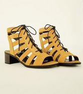 Mustard Suedette Lace Up Ghillie Low Block Heels New Look
